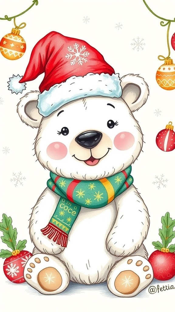 Christmas Bear Drawing Guide A cute bear illustration in a Santa hat and scarf, decorated with Christmas ornaments and snowflakes.